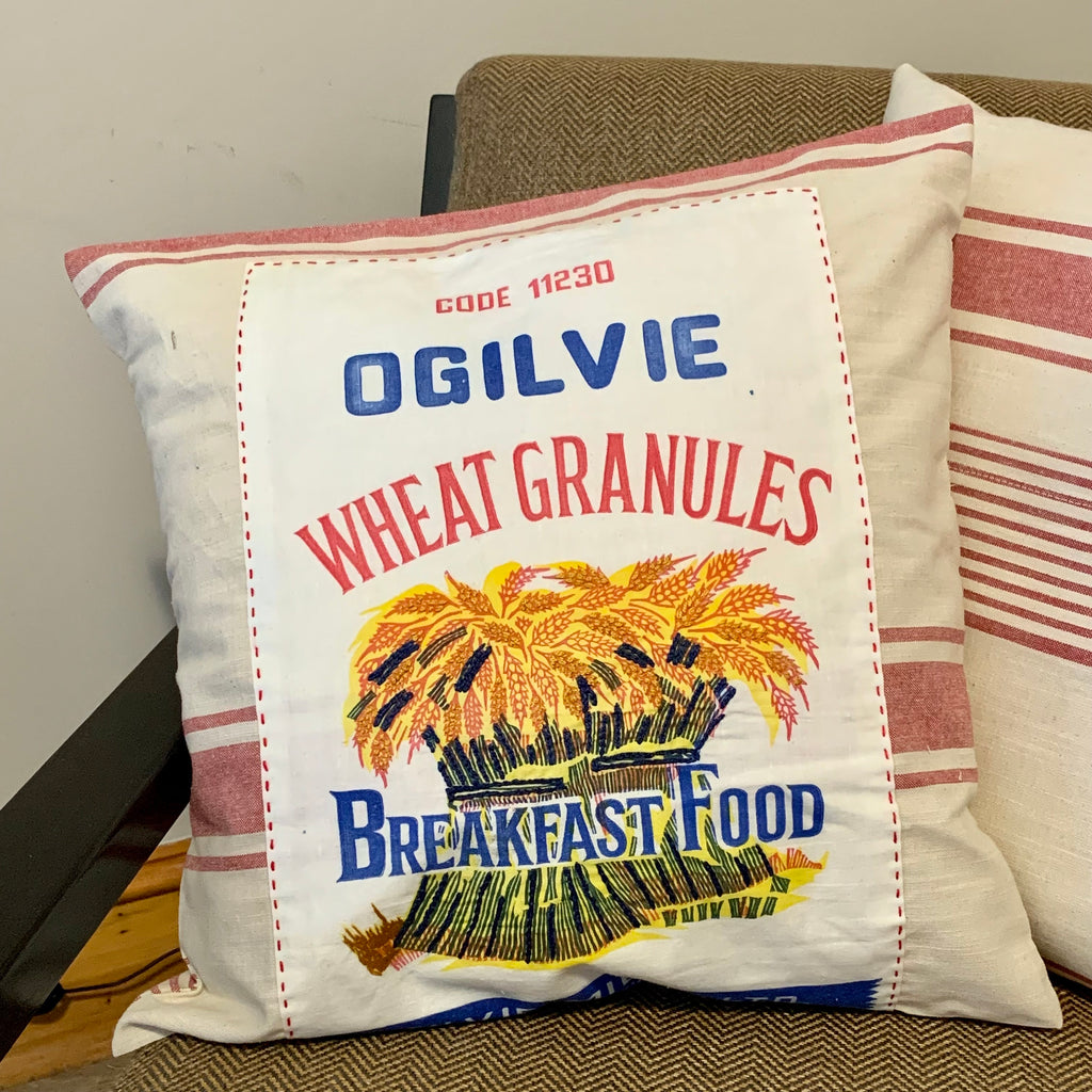 Upcycled flour bag Pillow, Farmhouse Decor, Cottage Core Pillow, Embroidered Pillow, OOAK Pillow, Family Room Decor, Country Chic Decor